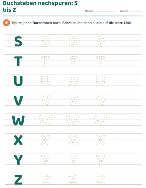 Buchstaben nachspuren von S bis Z – das Alphabet vollenden