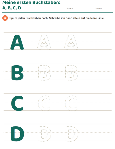 Meine ersten Buchstaben: A, B, C und D groß nachspuren