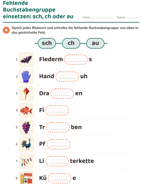 Fehlende Buchstabengruppe einsetzen: sch, ch oder au?