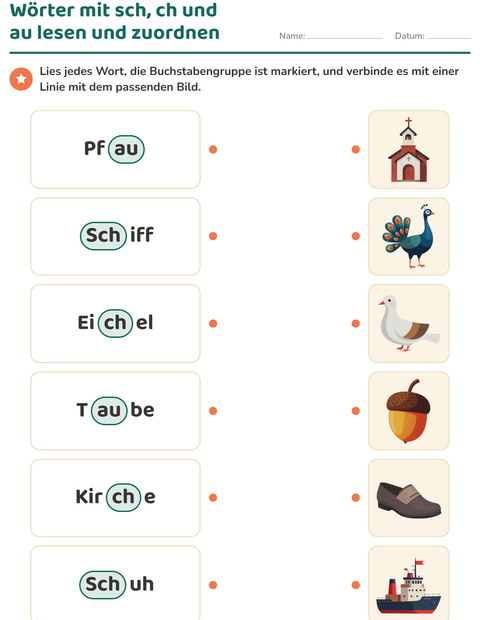 Wörter mit sch, ch und au lesen und dem Bild zuordnen