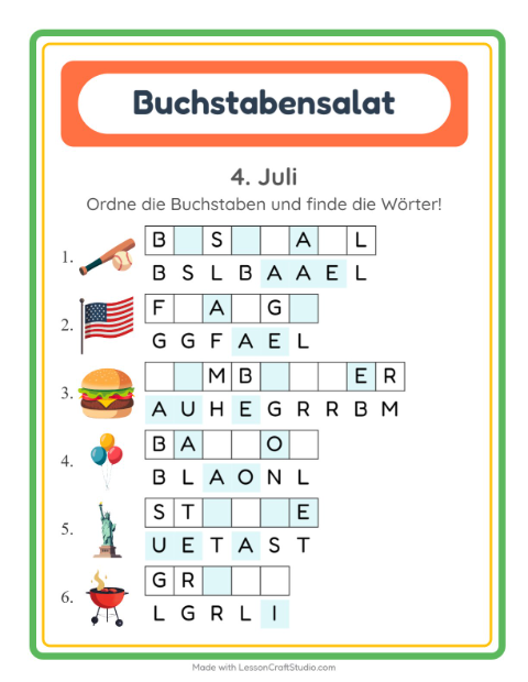 Vorschau: Buchstabensalat-Arbeitsblatt mit 4. Juli für 1. Klasse