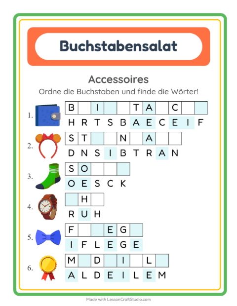 Vorschau: Buchstabensalat-Arbeitsblatt mit Accessoires für 1. Klasse