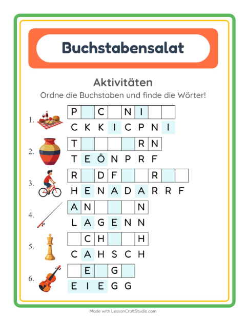 Vorschau: Buchstabensalat-Arbeitsblatt mit Aktivitäten für 1. Klasse
