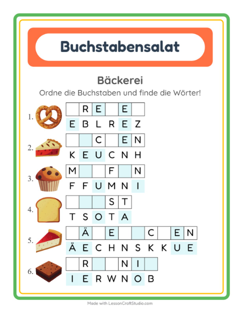 Vorschau: Buchstabensalat-Arbeitsblatt mit Bäckerei für 1. Klasse