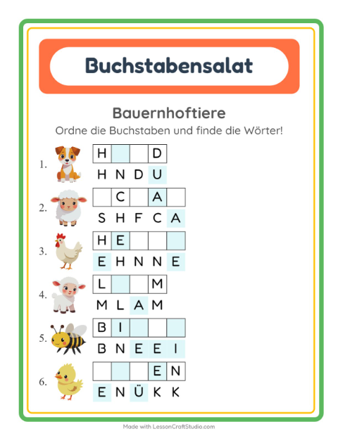 Vorschau: Buchstaben sortieren mit Bauernhoftieren — Arbeitsblatt für die 1. Klasse