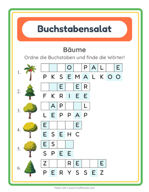 Vorschau: Buchstabensalat-Arbeitsblatt mit Bäume für 1. Klasse