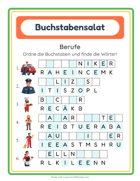 Vorschau: Buchstabensalat-Arbeitsblatt mit Berufe für 1. Klasse