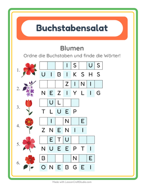 Vorschau: Buchstabensalat-Arbeitsblatt mit Blumen für 1. Klasse