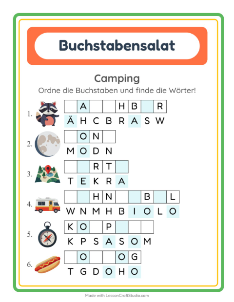 Vorschau: Buchstabensalat-Arbeitsblatt mit Camping für 1. Klasse