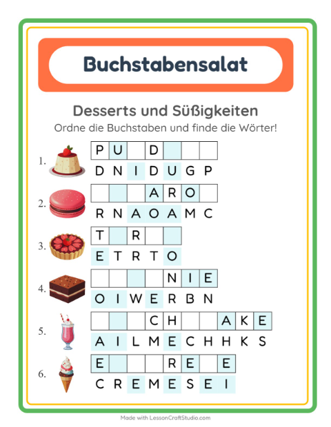 Vorschau: Buchstabensalat-Arbeitsblatt mit Desserts und Süßigkeiten für 1. Klasse