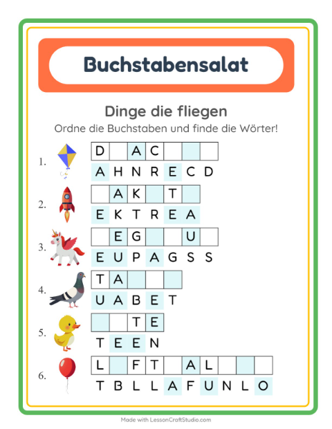 Vorschau: Buchstabensalat-Arbeitsblatt mit Dinge die fliegen für 1. Klasse
