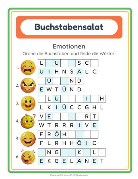 Vorschau: Buchstabensalat-Arbeitsblatt mit Emotionen für 1. Klasse