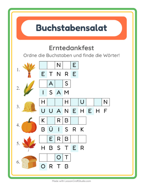 Vorschau: Buchstabensalat-Arbeitsblatt mit Erntedankfest für 1. Klasse