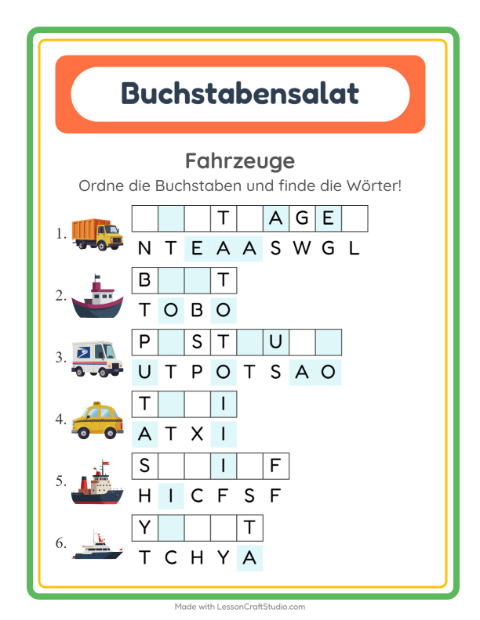 Vorschau: Buchstabensalat-Arbeitsblatt mit Fahrzeuge für 1. Klasse