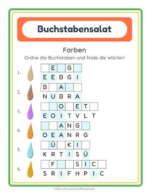 Vorschau: Buchstabensalat-Arbeitsblatt mit Farben für 1. Klasse