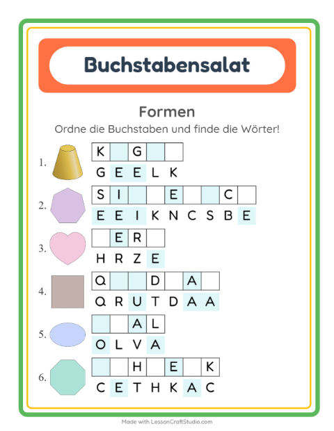 Vorschau: Buchstabensalat-Arbeitsblatt mit Formen für 1. Klasse