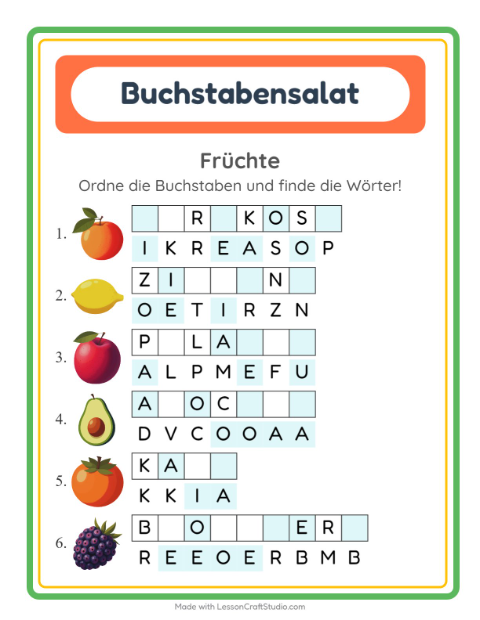 Vorschau: Buchstaben sortieren mit Früchten — Arbeitsblatt für die 1. Klasse