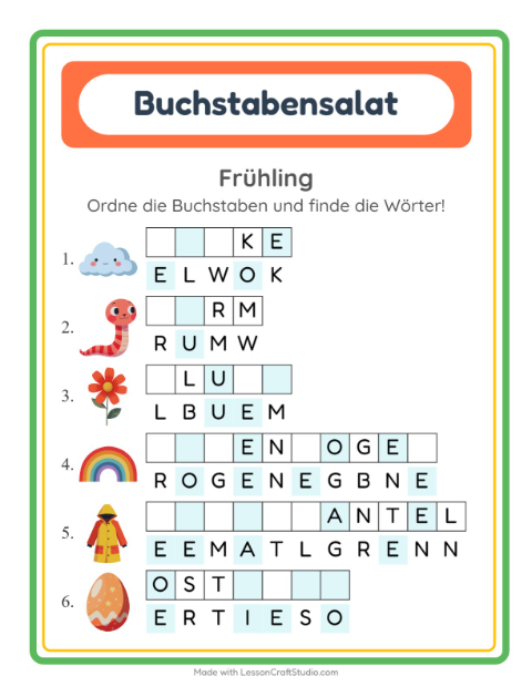 Vorschau: Buchstabensalat-Arbeitsblatt mit Frühling für 1. Klasse