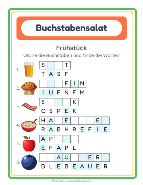 Vorschau: Buchstabensalat-Arbeitsblatt mit Frühstück für 1. Klasse