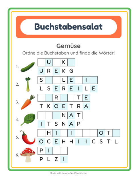 Vorschau: Buchstabensalat-Arbeitsblatt mit Gemüse für 1. Klasse