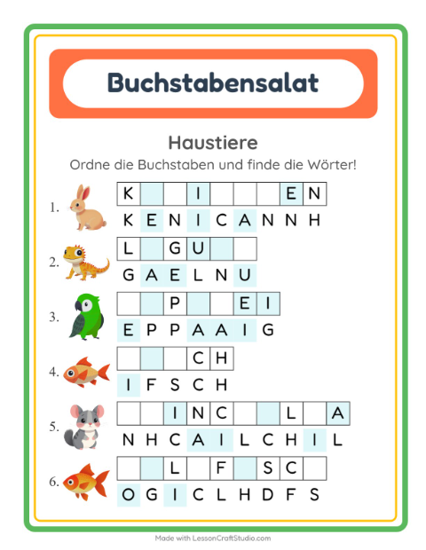 Buchstabensalat mit Haustieren