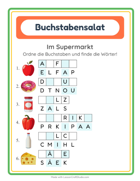 Vorschau: Buchstabensalat-Arbeitsblatt mit Im Supermarkt für 1. Klasse