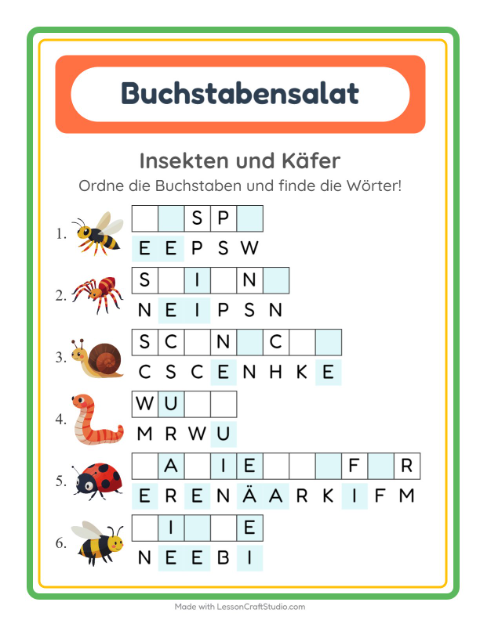 Vorschau: Buchstabensalat-Arbeitsblatt mit Insekten und Käfer für 1. Klasse