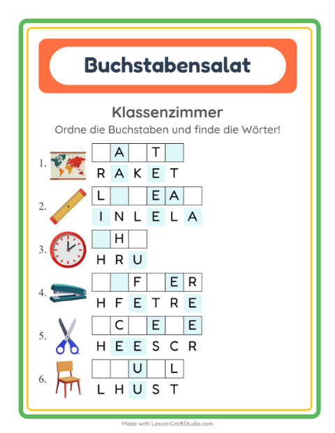 Vorschau: Buchstabensalat-Arbeitsblatt mit Klassenzimmer für 1. Klasse