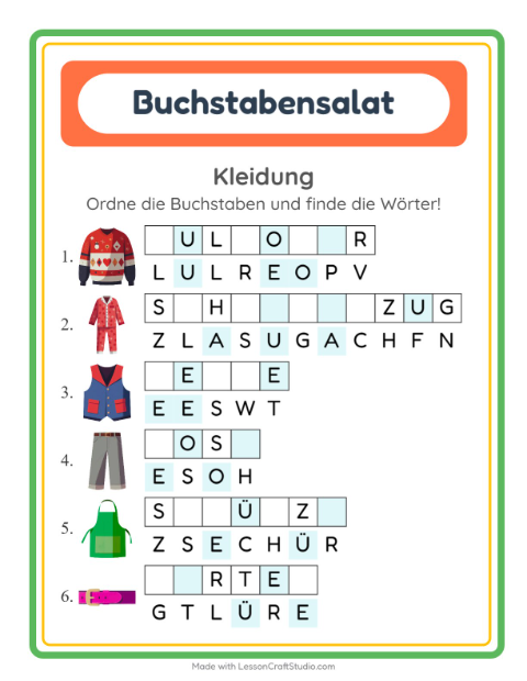 Vorschau: Buchstabensalat-Arbeitsblatt mit Kleidung für 1. Klasse