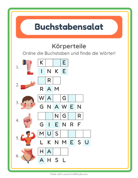 Vorschau: Buchstabensalat-Arbeitsblatt mit Körperteile für 1. Klasse