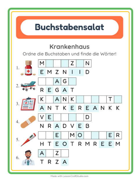 Vorschau: Buchstabensalat-Arbeitsblatt mit Krankenhaus für 1. Klasse