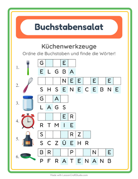 Vorschau: Buchstabensalat mit Küchenutensilien — Arbeitsblatt für die 1. Klasse