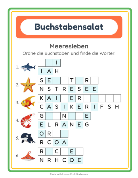 Vorschau: Buchstabensalat-Arbeitsblatt mit Meeresleben für 1. Klasse