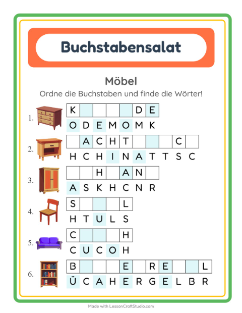 Vorschau: Buchstabensalat-Arbeitsblatt mit Möbel für 1. Klasse