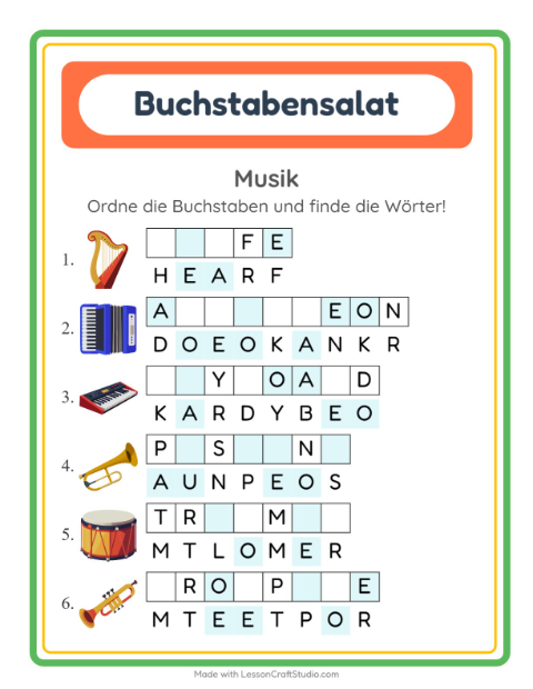 Vorschau: Buchstabensalat-Arbeitsblatt mit Musik für 1. Klasse