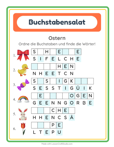 Vorschau: Buchstabensalat-Arbeitsblatt mit Ostern für 1. Klasse