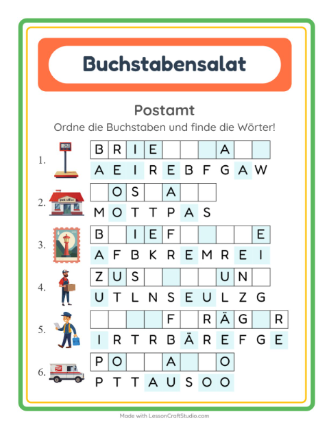Vorschau: Buchstabensalat-Arbeitsblatt mit Postamt für 1. Klasse