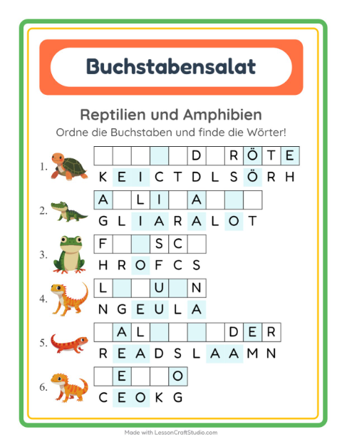 Vorschau: Buchstabensalat-Arbeitsblatt mit Reptilien und Amphibien für 1. Klasse