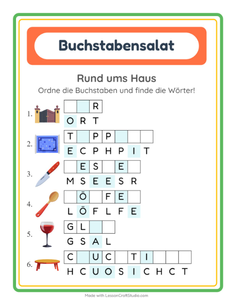Vorschau: Buchstabensalat-Arbeitsblatt mit Rund ums Haus für 1. Klasse