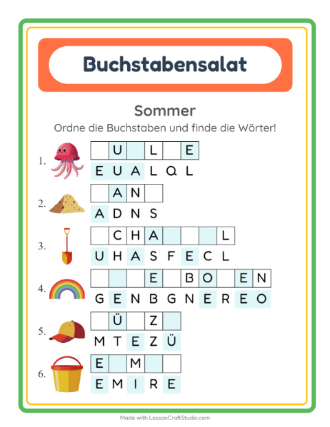 Vorschau: Buchstabensalat-Arbeitsblatt mit Sommer für 1. Klasse