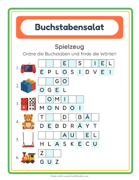 Vorschau: Buchstabensalat-Arbeitsblatt mit Spielzeug für 1. Klasse