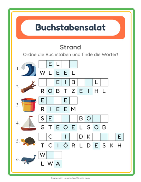 Vorschau: Buchstabensalat-Arbeitsblatt mit Strand für 1. Klasse