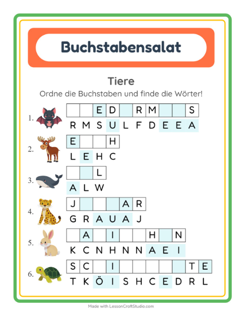 Vorschau: Buchstabensalat-Arbeitsblatt mit Tiere für 1. Klasse
