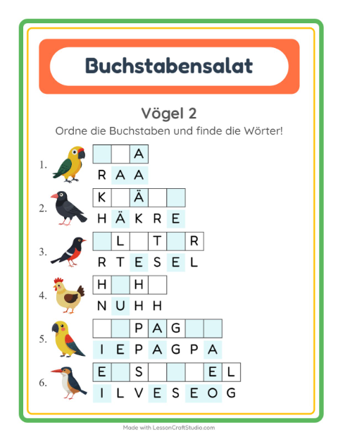 Vorschau: Buchstabensalat-Arbeitsblatt mit Vögel 2 für 1. Klasse