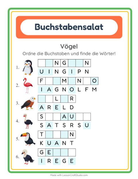 Vorschau: Buchstabensalat-Arbeitsblatt mit Vögel für 1. Klasse