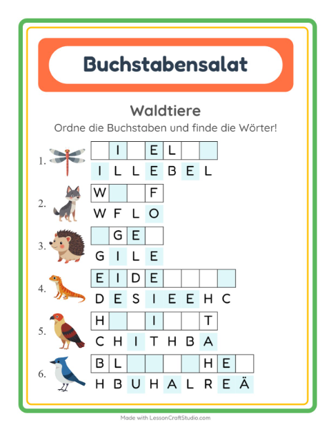Vorschau: Buchstabensalat-Arbeitsblatt mit Waldtiere für 1. Klasse