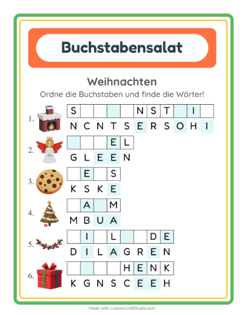 Vorschau: Buchstabensalat-Arbeitsblatt mit Weihnachten für 1. Klasse