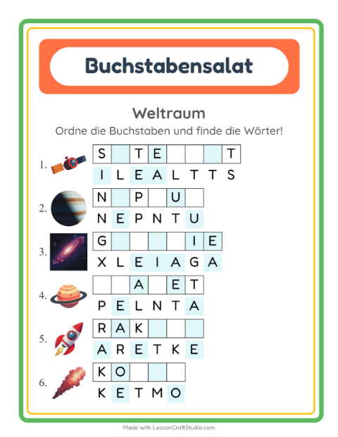Vorschau: Buchstabensalat-Arbeitsblatt mit Weltraum für 1. Klasse