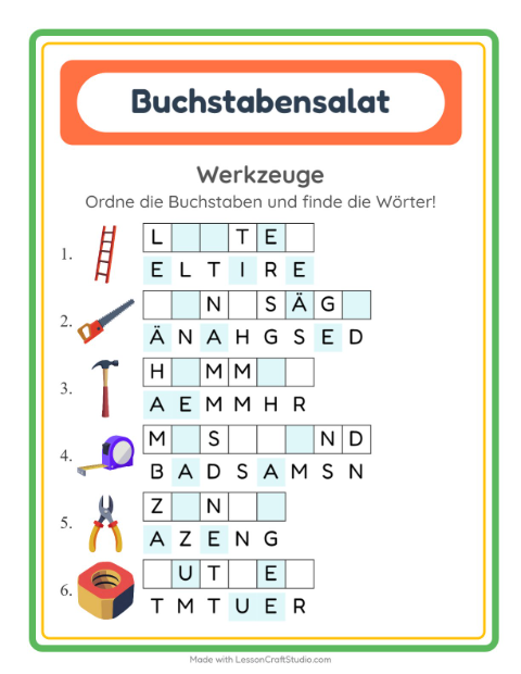 Buchstabensalat mit Werkzeugen