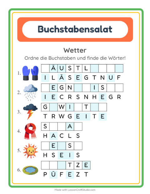 Vorschau: Buchstabensalat-Arbeitsblatt mit Wetter für 1. Klasse